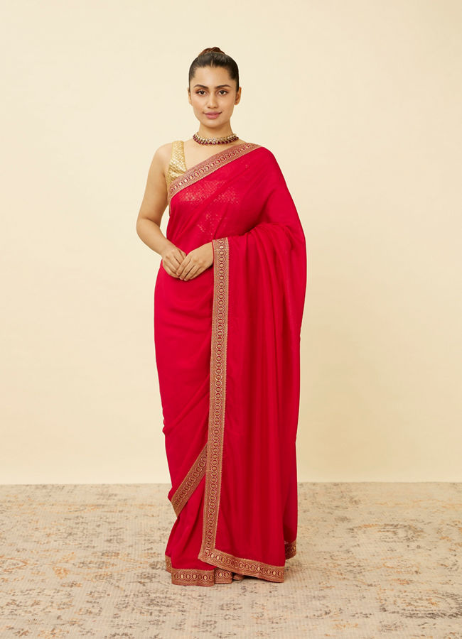 Fiesta Red Saree with Geometrical Patterned Borders image number 0